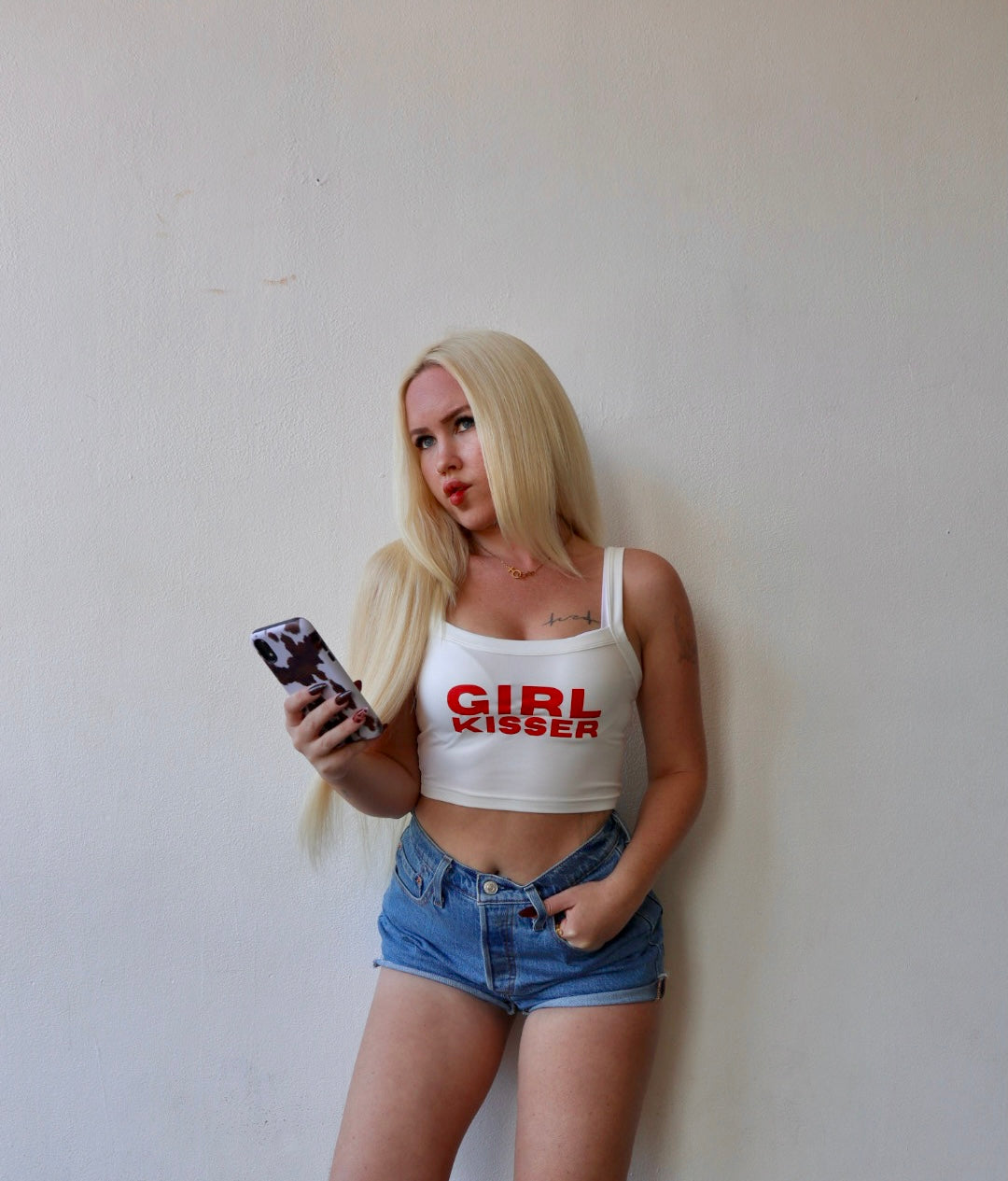 “Girl Kisser” Cropped Tank in White