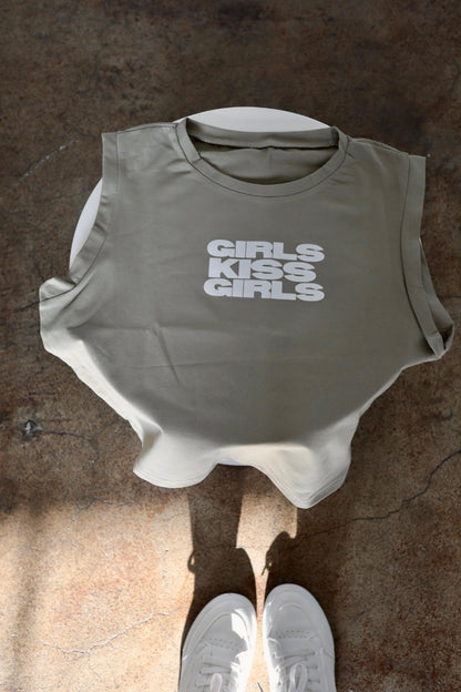 "Girls Kiss Girls" Loose Muscle Crop in Matcha