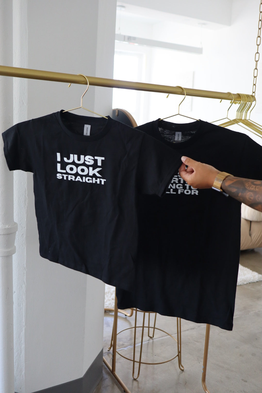 “I Just Look Straight” in Baby Tees and Tees